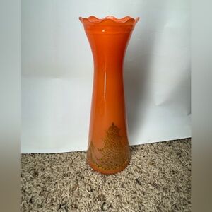Coral Colored Glass Vase With Asian Gold Painted Pagoda and Trees 9”
